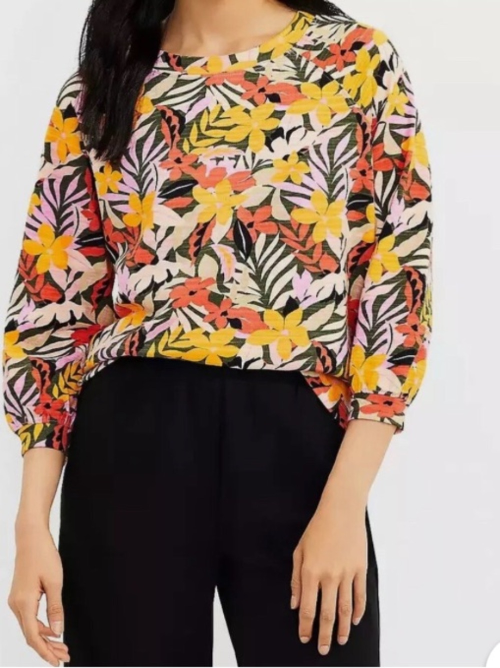 LOFT Multicolor Tropical Floral Balloon Sleeve Cotton Top - Yellow, Orange, Pink